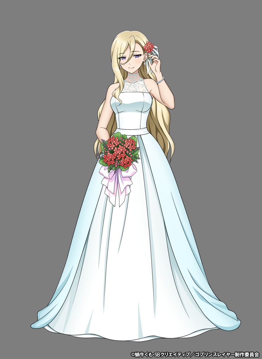 1girl, blonde_hair, blue_eyes, breasts, dress, female_knight_(goblin_slayer!), goblin_slayer!, highres, large_breasts, long_hair, official_art, wedding_dress