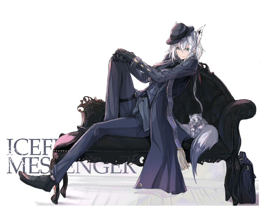 1girl, animal_ear_fluff, animal_ears, arknights, bad_id, bad_pixiv_id, bag, blue_eyes, breasts, coat, cosplay, formal_clothes, fox_ears, fox_girl, fox_tail, full_body, gloves, hat, highres, hololive, loafers, long_hair, looking_at_viewer, official_alternate_costume, open_clothes, open_coat, pant_suit, pants, pentagram, reclining, shirakami_fubuki, shoes, silverash_(arknights), silverash_(arknights)_(cosplay), silverash_(york's_bise)_(arknights), smile, solo, suit, tail, tsumeki, virtual_youtuber