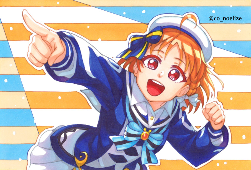 1girl, artist_name, artist_request, beret, blue_bow, blue_bowtie, blue_shirt, blue_skirt, blush, bow, bowtie, braid, checkered_clothes, checkered_skirt, clenched_hand, collared_shirt, conoelize, earrings, female_focus, hair_bow, hat, hat_bow, highres, jewelry, long_sleeves, looking_at_viewer, love_live!, love_live!_sunshine!!, mirai_no_bokura_wa_shitteru_yo, moon_print, orange_hair, overskirt, plaid_clothes, plaid_skirt, pointing, pointing_at_viewer, red_eyes, sailor_collar, shirt, short_hair, side_braid, skirt, smile, solo, striped_bow, striped_bowtie, striped_clothes, takami_chika, white_bow, white_hat