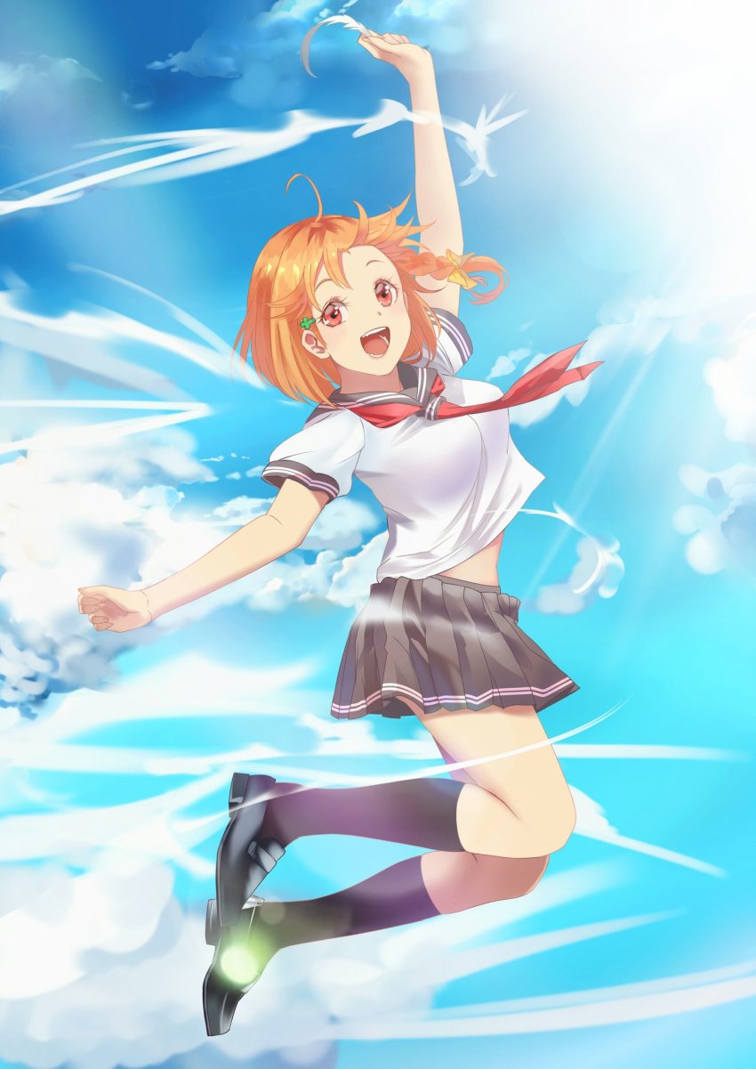 1girl, artist_name, artist_request, bare_legs, black_legwear, black_shoes, blue_sky, blush, bow, bun_(m342220), bunbun_(midukikome), cloud, clover_hair_ornament, collarbone, detached_sleeves, feathers, female_focus, full_body, hair_bow, hair_ornament, hairclip, highres, holding, holding_feather, jumping, long_sleeves, looking_at_viewer, love_live!, love_live!_sunshine!!, miniskirt, orange_hair, outdoors, parted_lips, pleated_skirt, red_eyes, red_neckwear, ribbon, sailor_collar, school_uniform, shirt, shoes, short_hair, skirt, sky, smile, solo, takami_chika, white_shirt, yellow_bow