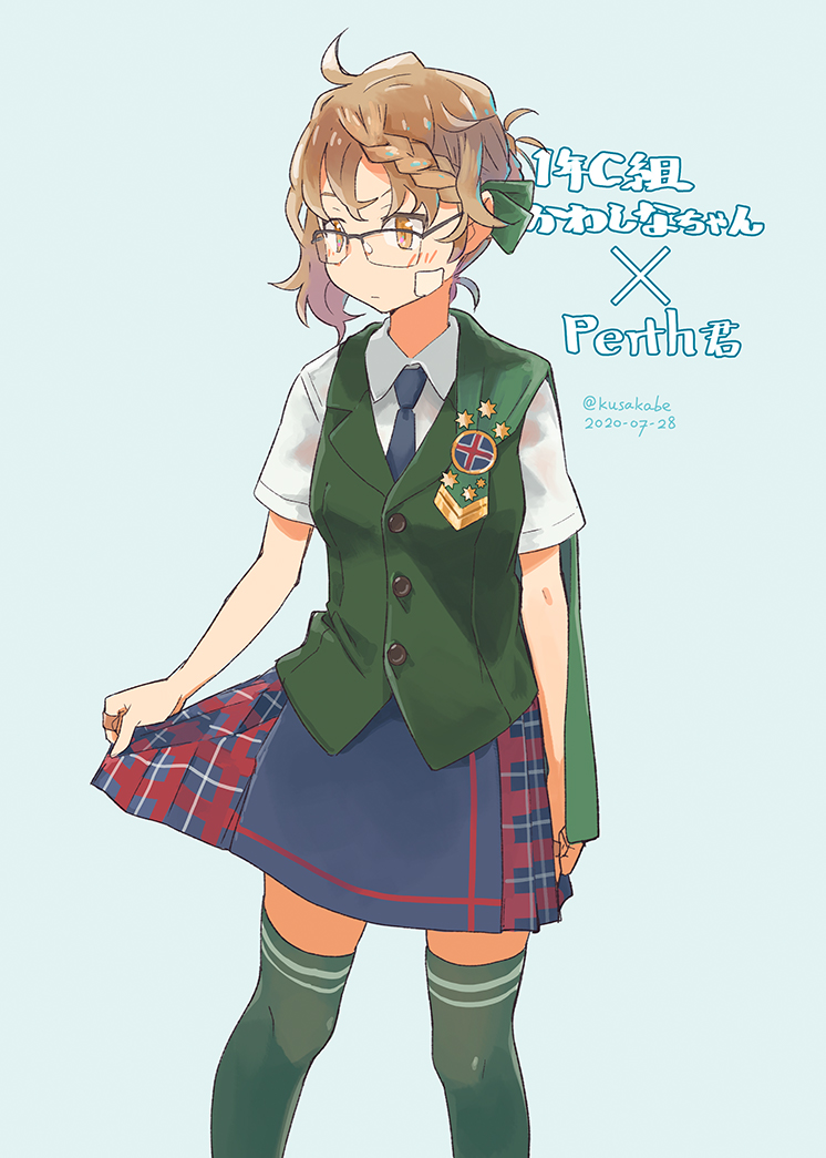 1girl, badge, bandaid, bandaid_on_face, blue_necktie, blue_skirt, braid, braided_bun