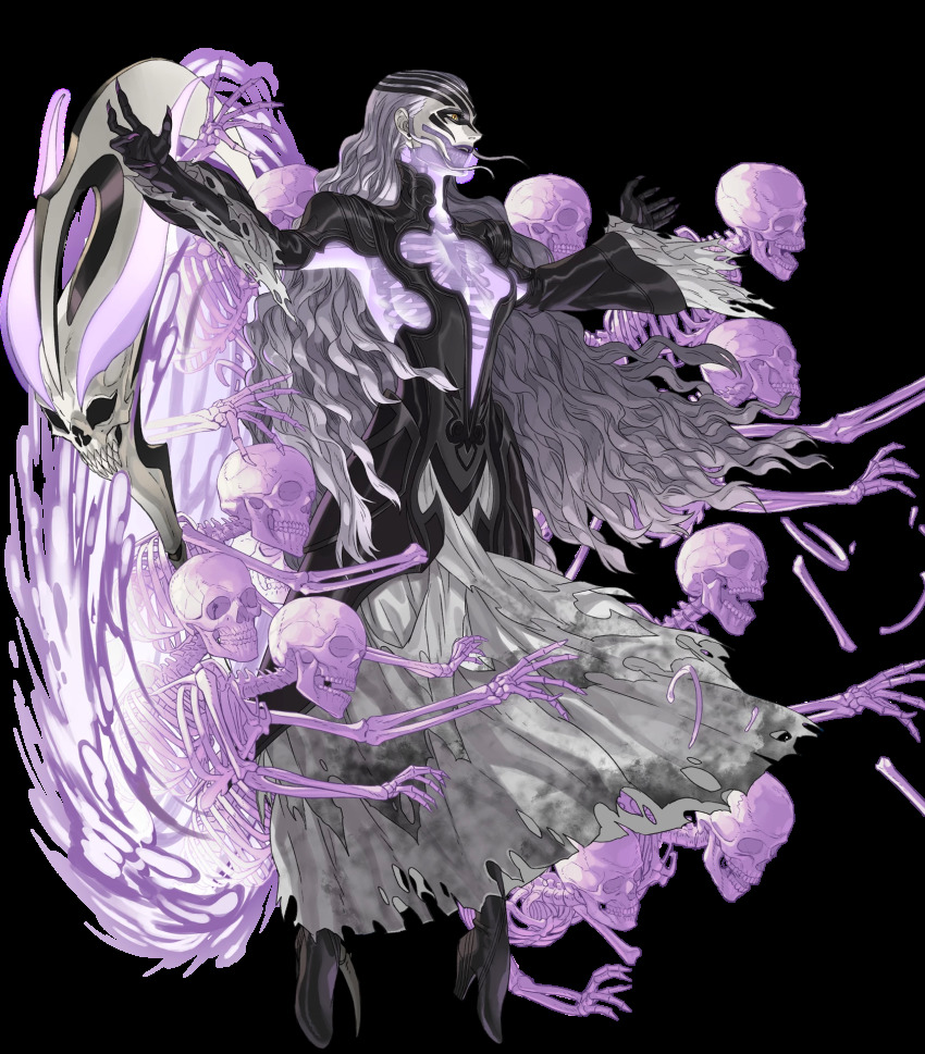 1girl, black_boots, black_dress, bone, boots, closed_mouth, dress, facial_mark