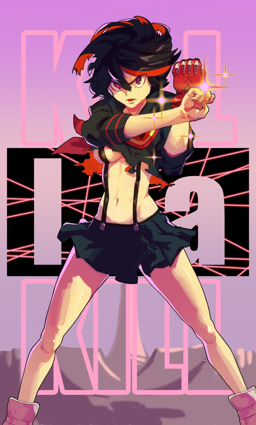 1girl, absurdres, black_hair, breasts, commentary_request, copyright_name, gloves, hands_up, highres, johnny-chan, kill_la_kill, knees, legs, matoi_ryuuko, microskirt, multicolored_hair, navel, pink_shoes, pleated_skirt, red_gloves, red_hair, senketsu, shoes, short_hair, single_glove, skirt, streaked_hair, suspenders, two-tone_hair, underboob