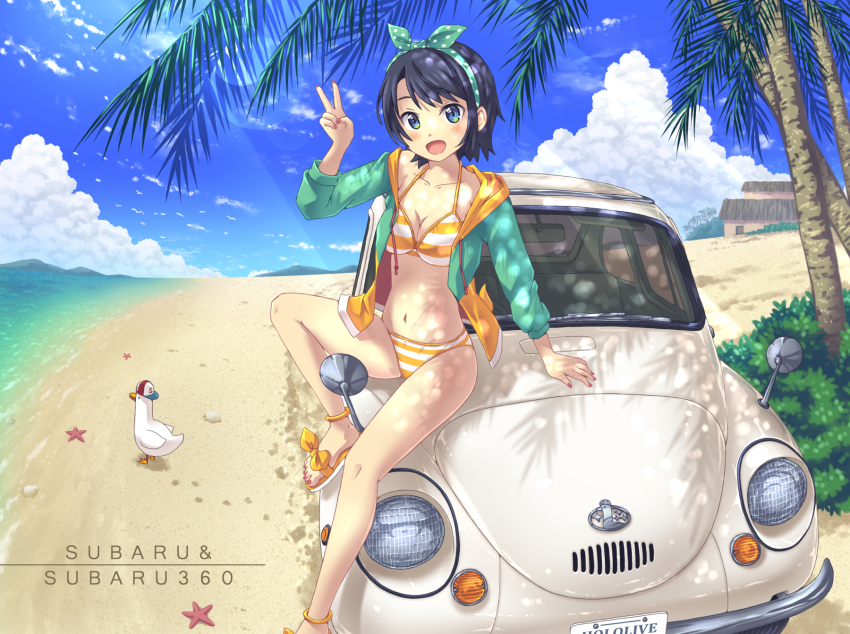 1girl, aki_(akisora_hiyori), beach, bikini, black_hair, breasts, car, collarbone