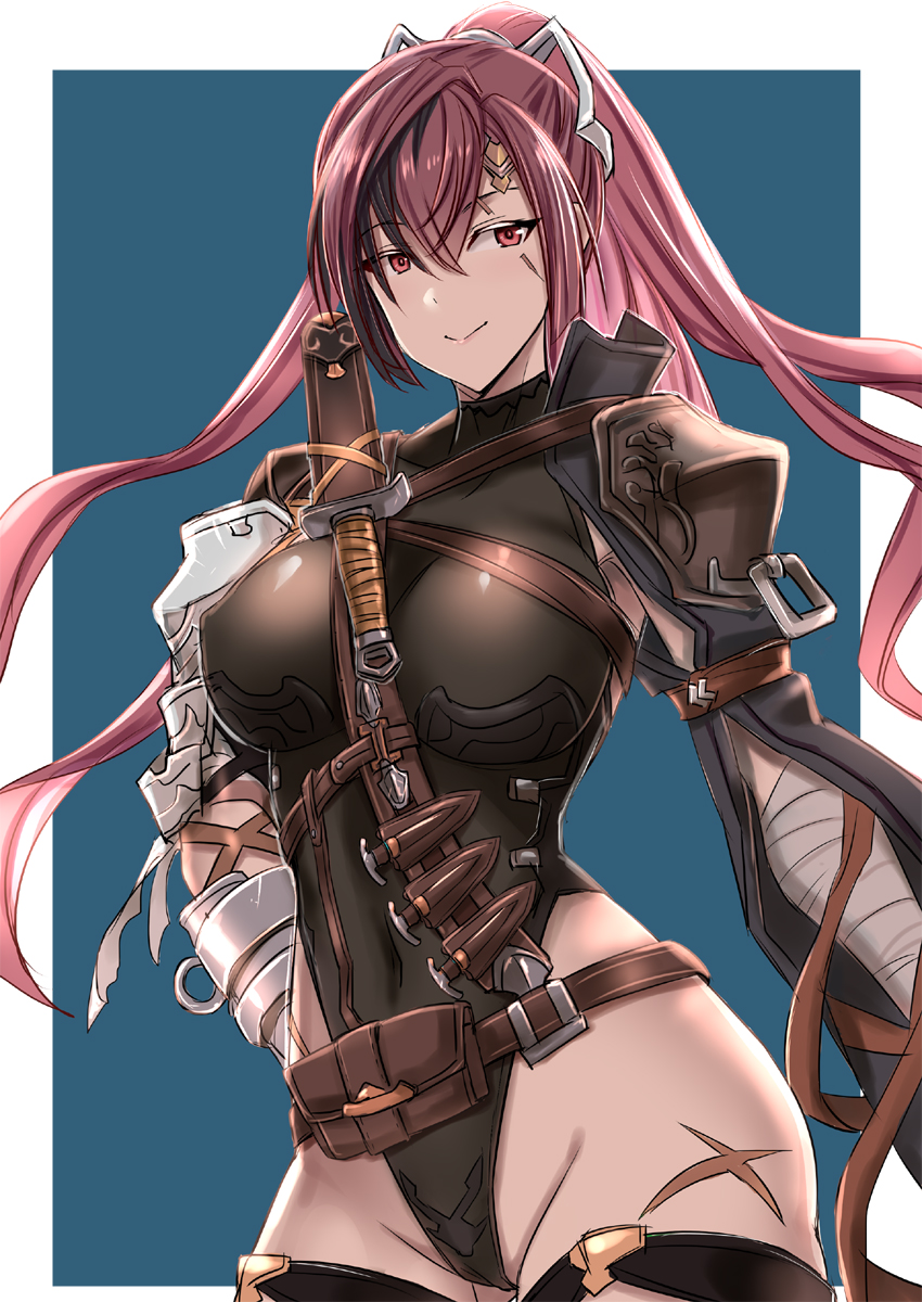 armor, bandages, bandaged_arm, bandaged_hand, belt_pouch, black_hair, breasts, cowboy_shot