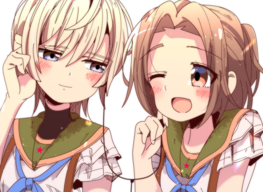 2girls, absurdres, bad_id, bad_pixiv_id, blue_eyes, blush, brown_hair, earphones
