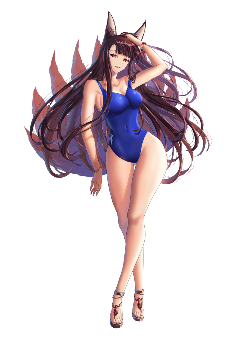 akagi_(azur_lane), animal_ear_fluff, animal_ears, azur_lane, blue_one-piece_swimsuit, breasts, brown_hair, competition_swimsuit
