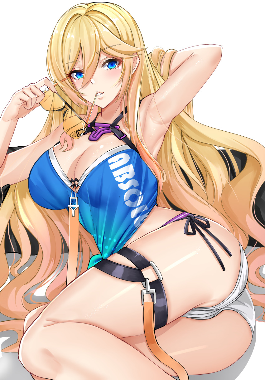 1girl, absurdres, arm_behind_head, armpits, ass, bare_shoulders, bikini, blonde_hair