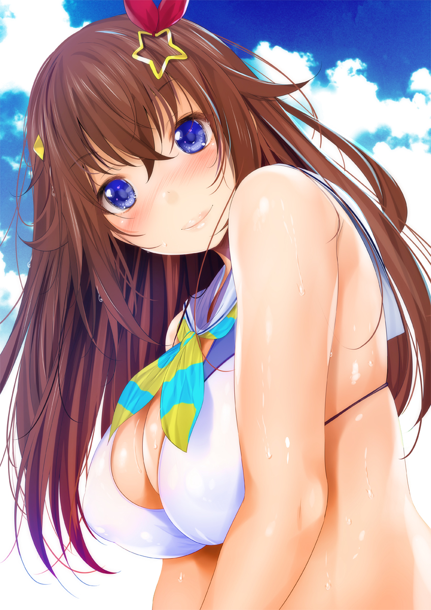 1girl, alternate_breast_size, bad_id, bad_twitter_id, bare_shoulders, bikini, blue_eyes, blush