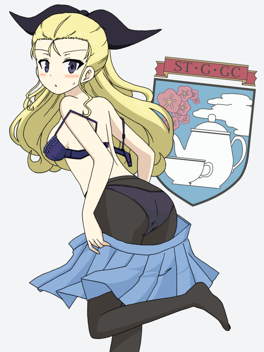 1girl, ass, assam_(girls_und_panzer), back, black_pantyhose, blonde_hair, blue_bra, blue_eyes, blue_panties, blue_skirt, blush, bra, breasts, clothes_pull, emblem, girls_und_panzer, grey_background, hair_ornament, hair_ribbon, highres, ichinose_jun, leg_up, long_hair, looking_at_viewer, looking_back, medium_breasts, miniskirt, open_mouth, panties, panties_under_pantyhose, pantyhose, ribbon, simple_background, skirt, skirt_pull, solo, st._gloriana's_(emblem), standing, standing_on_one_leg, underwear, open_bra, undressing