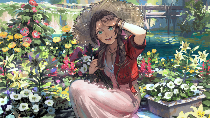 1girl, aerith_gainsborough, bracelet, bridge, brown_hair, commentary, cropped_jacket, dirty