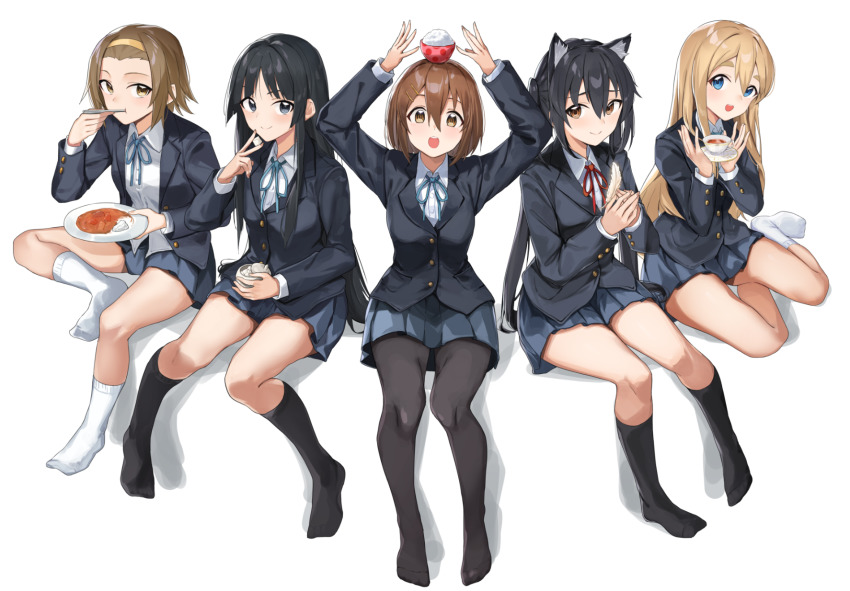 5girls, :d, akiyama_mio, animal_ears, arms_up, black_eyes, black_hair, black_jacket