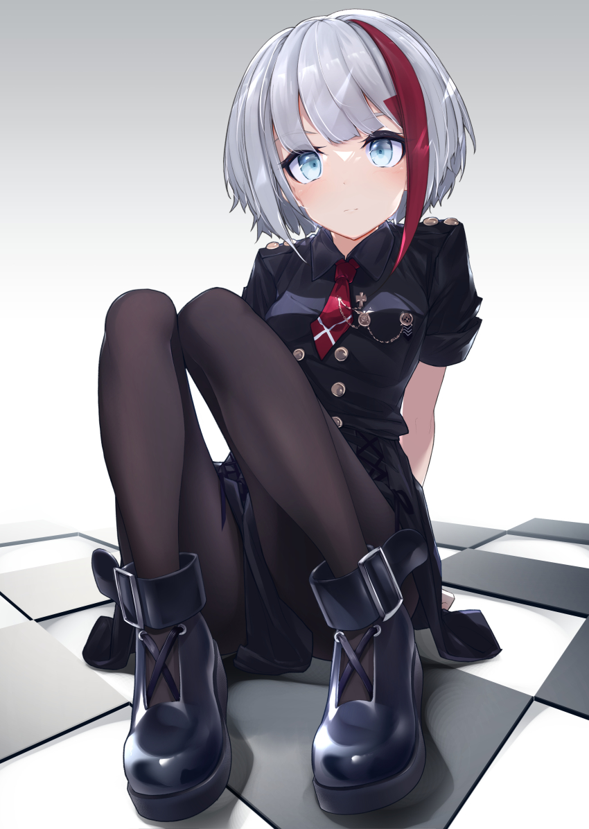 1girl, absurdres, admiral_graf_spee_(azur_lane), admiral_graf_spee_(girl's_sunday)_(azur_lane), arm_support, arms_behind_back, azur_lane, black_boots, black_pantyhose, black_shirt, black_skirt, blue_eyes, boots, checkered_floor, closed_mouth, collared_shirt, commentary, expressionless, full_body, highres, knees_up, multicolored_hair, necktie, nta_(drapa_box10), pantyhose, red_hair, red_necktie, revision, shirt, short_hair, short_sleeves, silver_hair, sitting, skirt, solo, streaked_hair, two-tone_hair