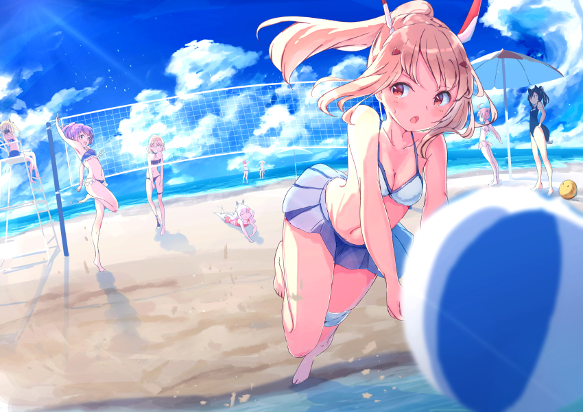 6+girls, animal_ears, arm_up, ayanami_(azur_lane), azur_lane, ball, bare_legs, beach