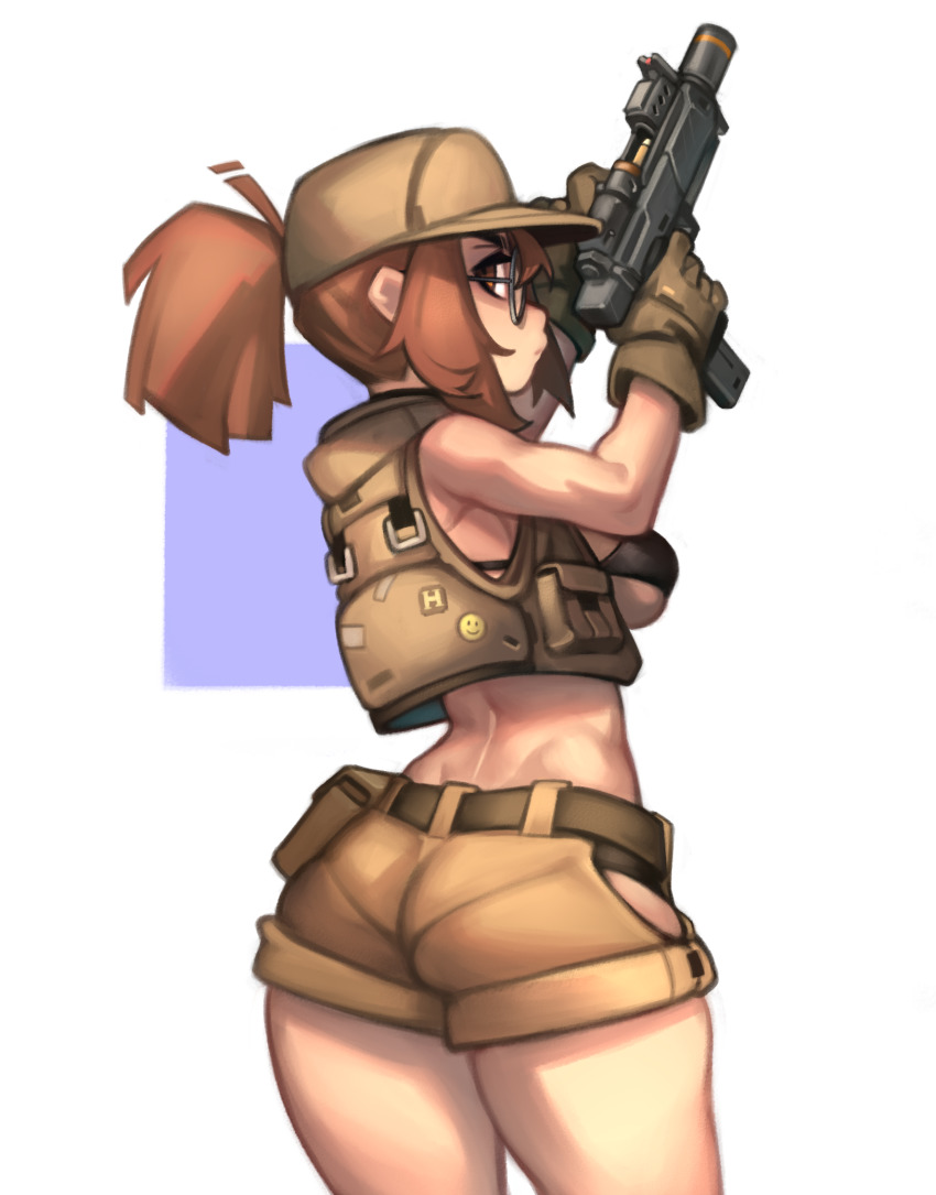 1girl, ass, back, bare_shoulders, bikini, bikini_top_only, bikini_under_clothes, black_bikini, blue_background, breasts, brown_eyes, brown_gloves, brown_hair, brown_hat, closed_mouth, clothing_cutout, cowboy_shot, female_focus, finger_on_trigger, fio_germi, from_behind, glasses, gloves, gun, hat, highres, hip_vent, kelvin_hiu, looking_back, matching_hair/eyes, medium_breasts, metal_slug, midriff, military, pantylines, ponytail, round_eyewear, short_ponytail, shorts, simple_background, snk, solo, standing, swimsuit, thighs, utility_vest, vest, weapon, white_background