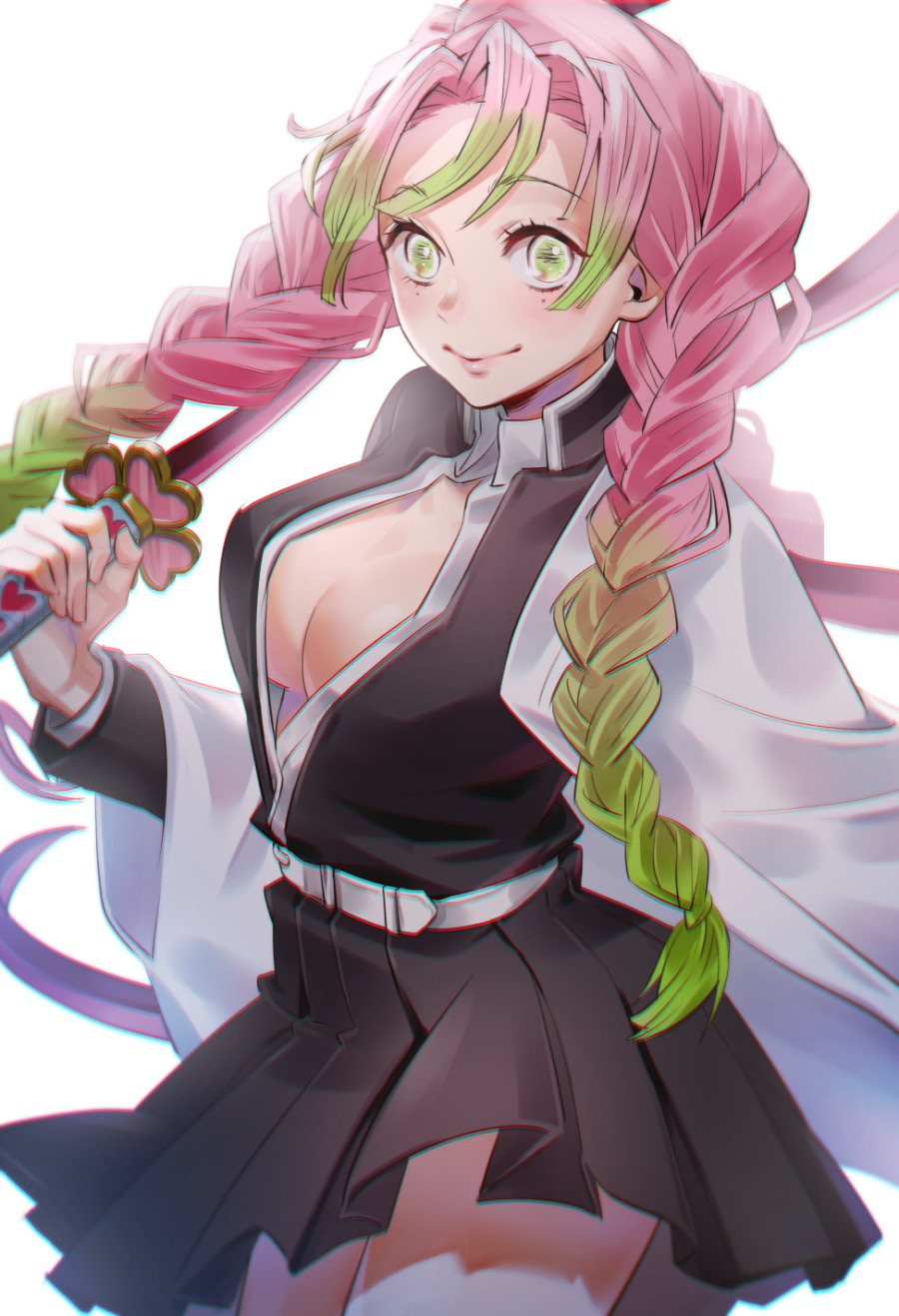 1girl, black_jacket, black_shirt, black_skirt, braid, breasts, cleavage, closed_mouth, collared_shirt, cowboy_shot, cst, dress_shirt, gradient_hair, green_eyes, green_hair, hair_intakes, highres, holding, holding_sword, holding_weapon, jacket, kanroji_mitsuri, kimetsu_no_yaiba, long_hair, looking_at_viewer, medium_breasts, miniskirt, mole, mole_under_eye, multicolored_hair, open_clothes, open_jacket, pink_hair, pleated_skirt, shirt, simple_background, skirt, smile, solo, standing, sword, twin_braids, very_long_hair, weapon, white_background, wing_collar