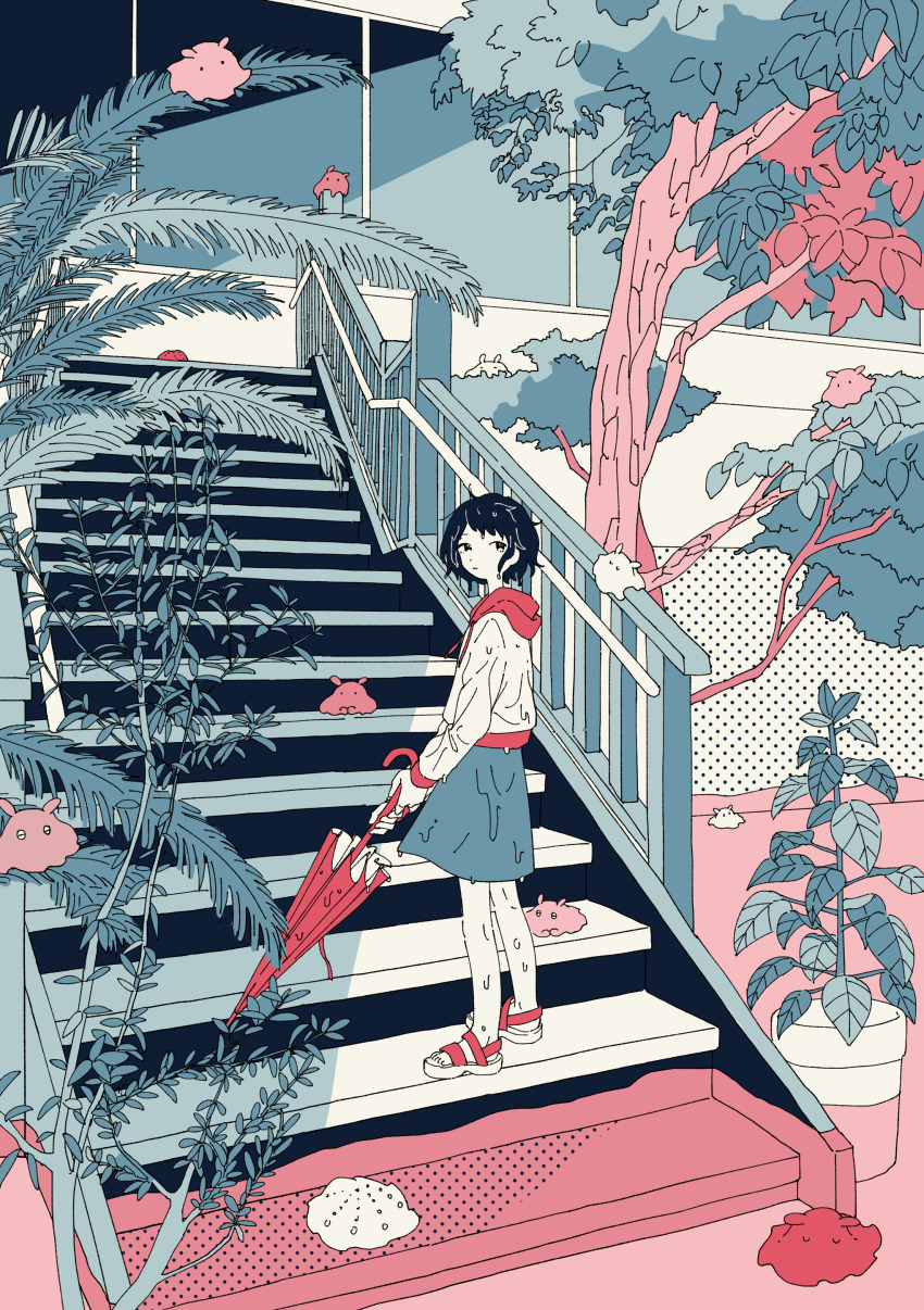 1girl, absurdres, black_hair, blob, drawstring, full_body, highres, hood