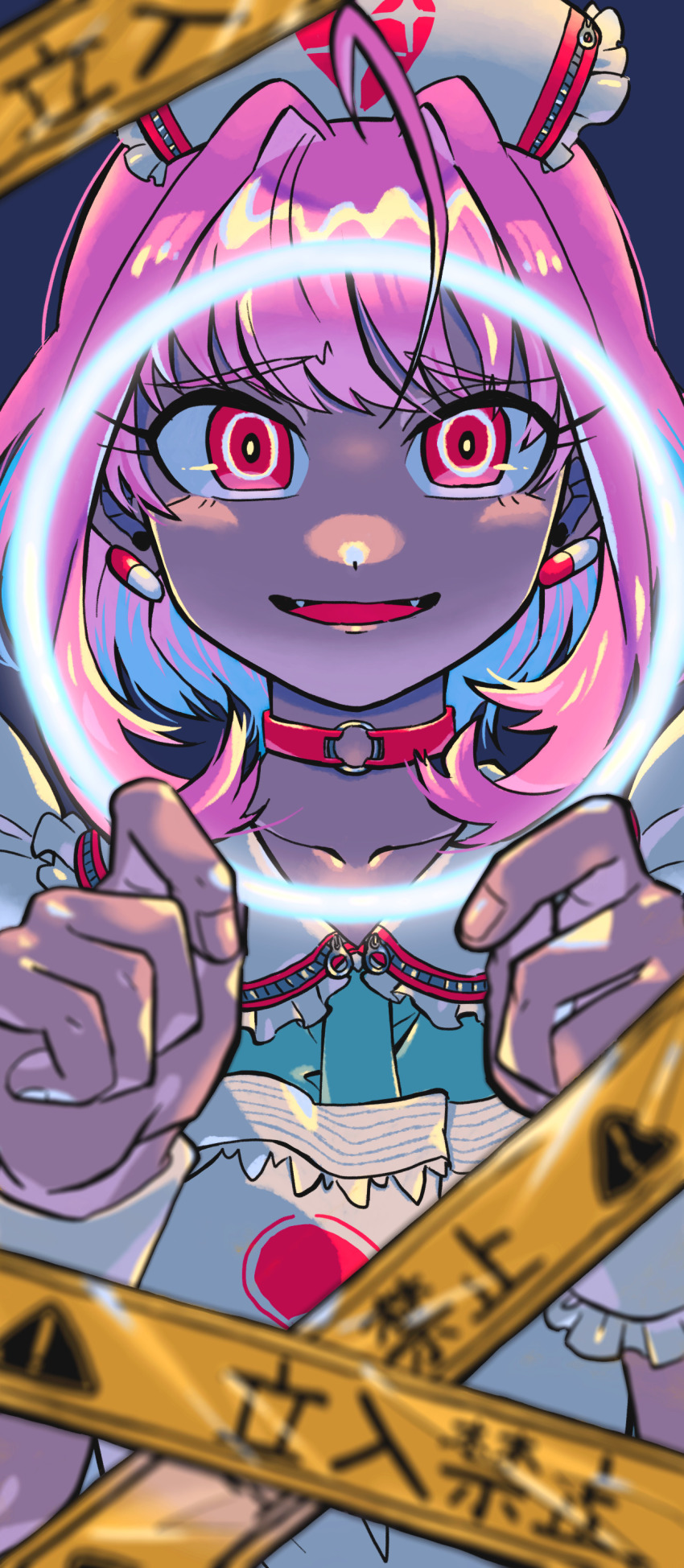 1girl, absurdres, blue_background, blue_hair, caution_tape, collar, earrings, fang