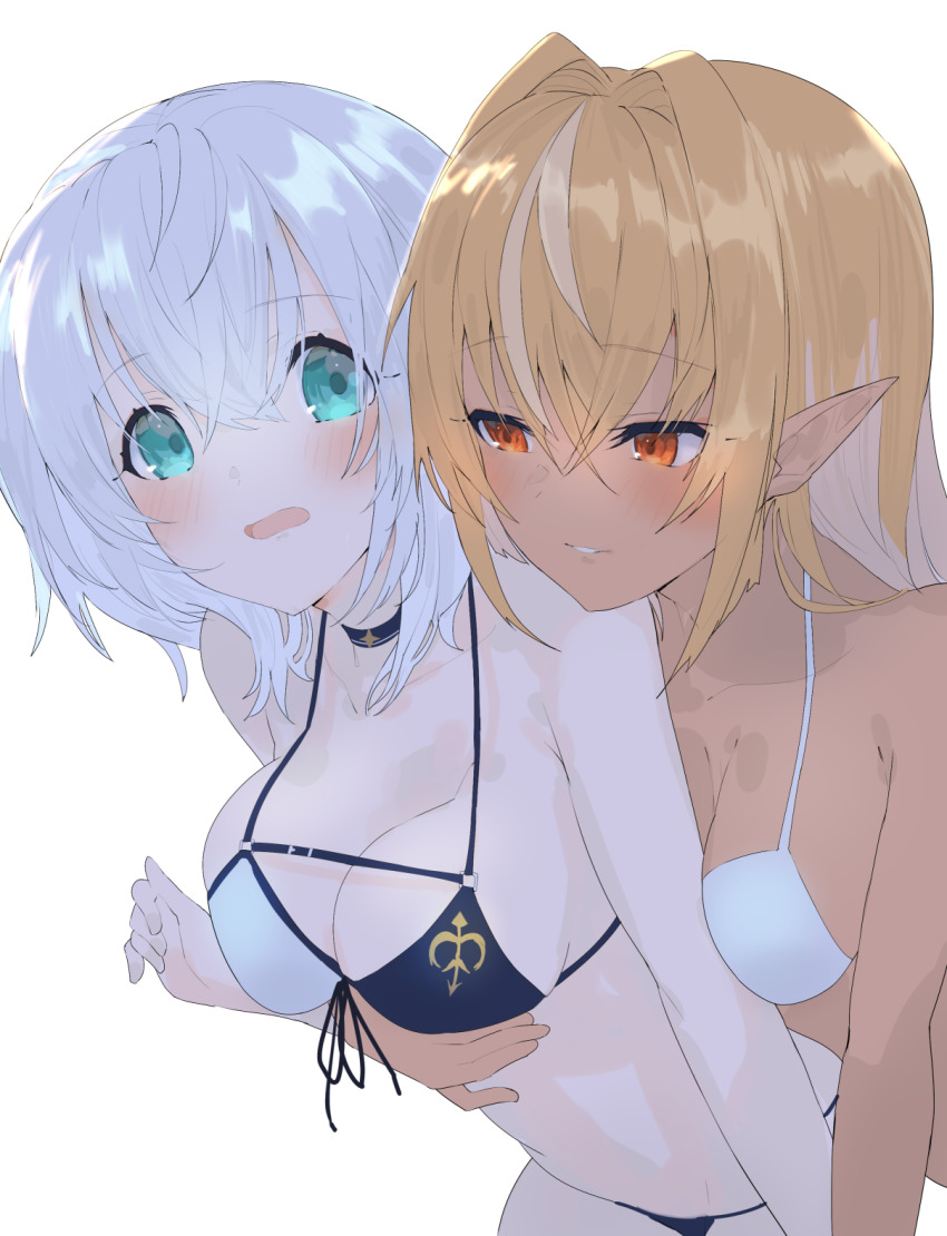 2girls, alternate_costume, alternate_hairstyle, aqua_eyes, bikini, blonde_hair, blue_bikini, blush