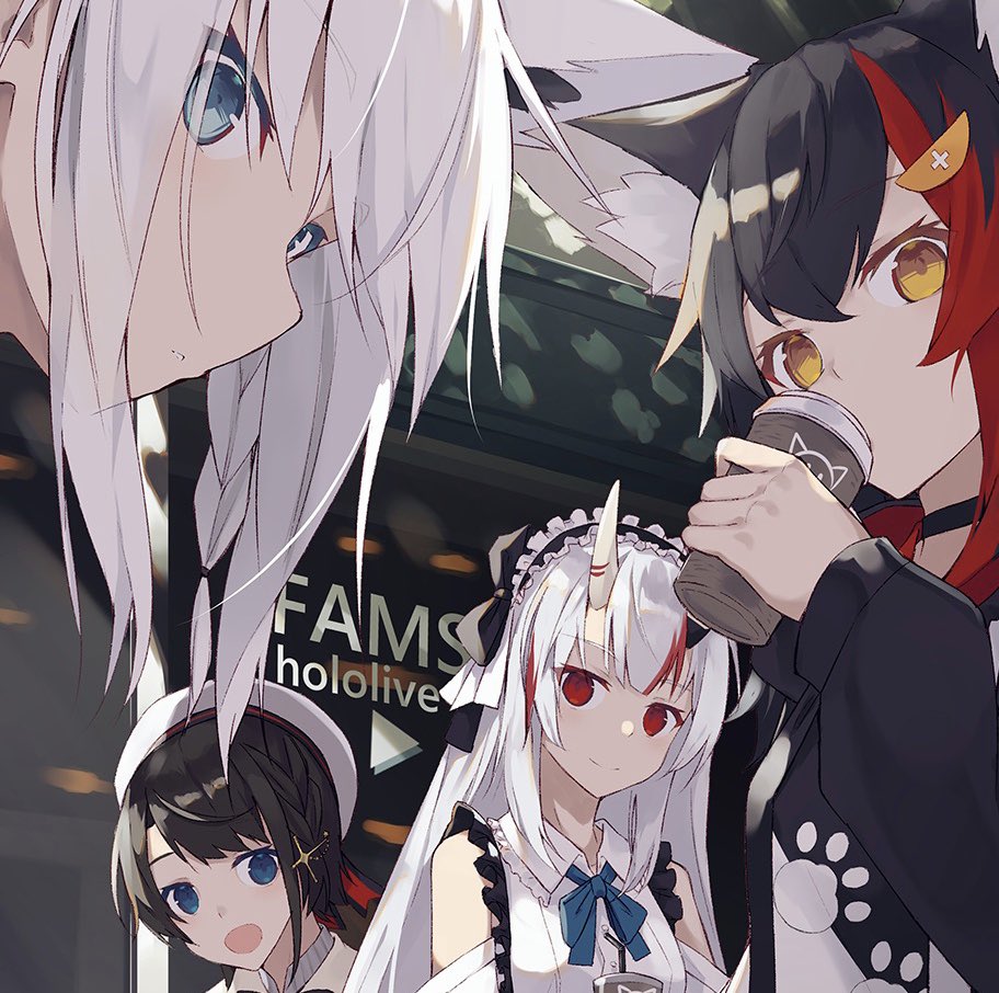 4girls, ahoge, animal_ears, asymmetrical_bangs, beret, black_choker, black_hair, black_hoodie, blue_eyes, braid, choker, closed_mouth, commentary, copyright_name, cup, disposable_coffee_cup, disposable_cup, dress, drink, fams_(group), fox_ears, frilled_hairband, frills, hair_between_eyes, hair_ornament, hairband, hat, holding, holding_cup, holding_drink, hololive, hood, hoodie, horns, long_hair, looking_at_viewer, multicolored_hair, multiple_girls, nagishiro_mito, nakiri_ayame, nakiri_ayame_(girly), ookami_mio, ookami_mio_(hoodie), oozora_subaru, oozora_subaru_(suspenders), open_mouth, parted_bangs, paw_print, paw_print_pattern, red_eyes, red_hair, shirakami_fubuki, short_hair, side_braid, silver_hair, skin-covered_horns, smile, streaked_hair, two-tone_hair, two-tone_sweater, upper_body, virtual_youtuber, white_dress, white_headwear, white_hoodie, wing_collar, wolf_ears, yellow_eyes