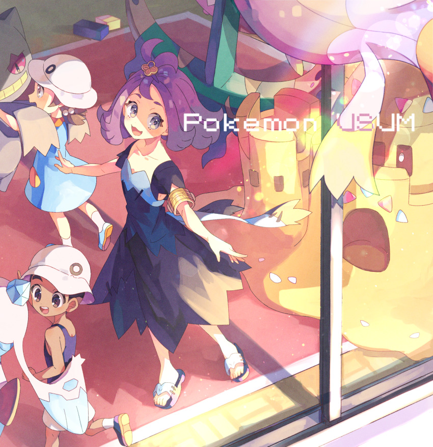 1boy, 2girls, :3, :d, absurdres, acerola_(pokemon), armlet, banette