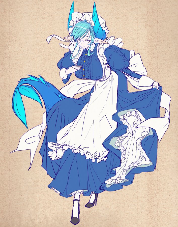 1girl, apron, blue_hair, bowing, breasts, collared_dress, columns_ke, dress