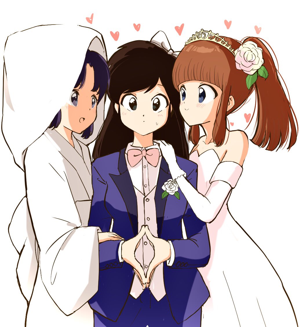 1girl, 2boys, bare_shoulders, blue_eyes, blue_jacket, blue_suit, bow, bowtie, boy_sandwich, breasts, bride, brown_hair, commentary_request, crossdressing, crossdressing_(ftm), crossdressing_(mtf), dress, elbow_gloves, flower, formal_clothes, gloves, groom, hair_bow, hair_flower, hair_ornament, hand_on_another's_arm, hand_on_another's_shoulder, heart, hetero, hood, jacket, japanese_clothes, kajino_(aosansai), kimono, konatsu_(ranma_1/2), kuonji_ukyou, kurenai_tsubasa, long_hair, looking_at_another, looking_at_viewer, multiple_boys, open_clothes, open_jacket, own_hands_together, pink_bow, polygamy, purple_hair, ranma_1/2, sandwiched, shirt, simple_background, standing, suit, sweatdrop, tiara, trap, uchikake, wedding, wedding_dress, white_background, white_bow, white_dress, white_gloves, white_hood, white_kimono, white_shirt