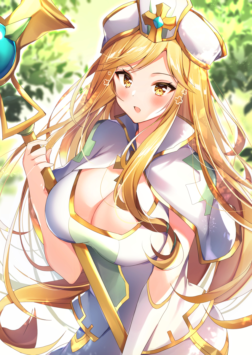 1girl, absurdres, belrain_(idle_heroes), blonde_hair, blush, breasts, cleavage, commentary_request