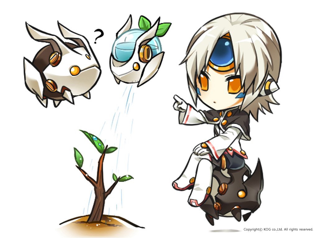 1girl, ?, celebration, drone, elsword, eve_(elsword), facial_mark, forehead_jewel