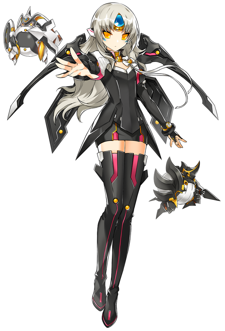 1girl, armor, armored_dress, code:_nemesis_(elsword), dress, drone, elbow_gloves, elsword