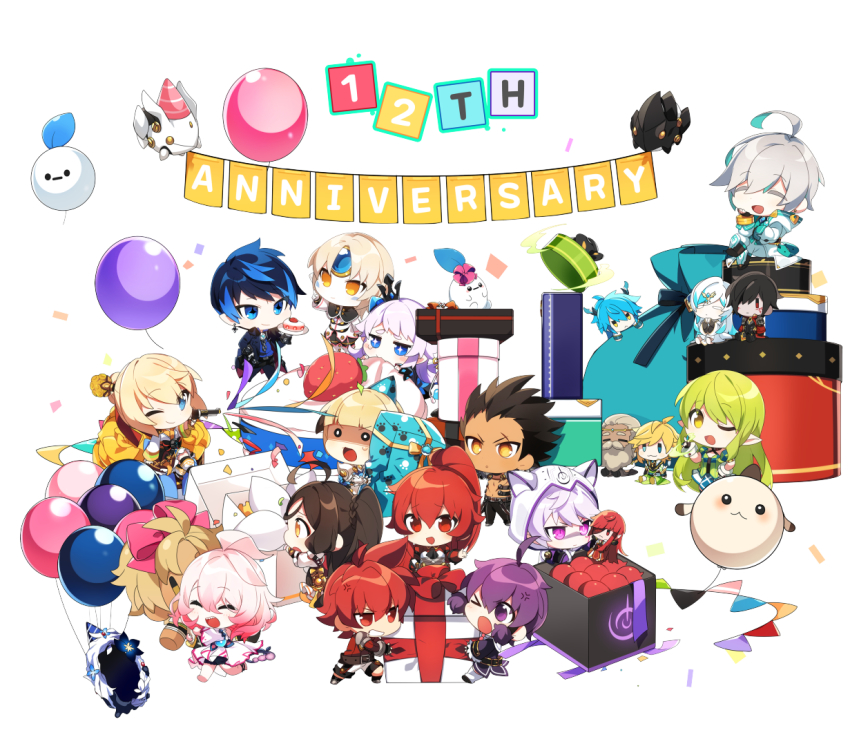 add_(elsword), adrian_nasod, ainchase_ishmael, aisha_landar, angry, anniversary, balloon, banner, chibi, chilling_hedgehog_(elsword), ciel_(elsword), denif_(elsword), doll, elesis_(elsword), elsword, elsword_(character), eun_(elsword), everyone, fenriart_solace, gaia_(elsword), gift, happy, hernia_(elsword), laby_(elsword), luciela_r._sourcream, nisha_(elsword), official_art, phoru_(elsword), pointing, raven_cronwell, rena_erindel, rose_(elsword), rosso_(elsword), smile, surprised, tears, ventus_(elsword)