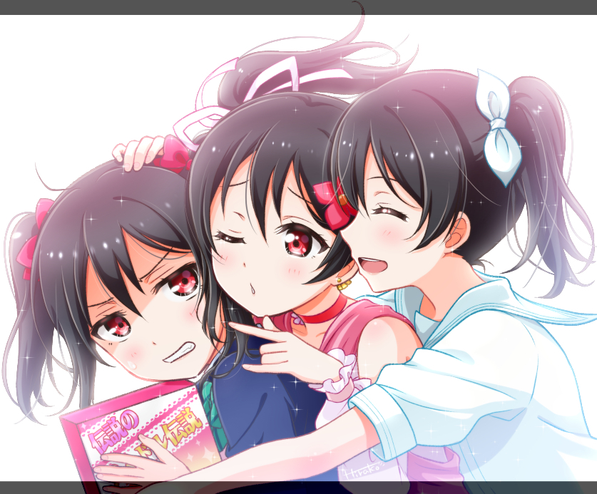 3girls, ^_^, a_song_for_you!_you?_you!, blazer, bokutachi_wa_hitotsu_no_hikari, bow, bowtie, choker, clenched_teeth, closed_eyes, commentary_request, detached_sleeves, earrings, flower, frilled_sleeves, frills, green_neckwear, hair_bow, hair_flower, hair_ornament, hair_ribbon, hand_on_another's_head, hirako, holding, jacket, jewelry, letterboxed, love_live!, love_live!_school_idol_project, m/, multiple_girls, multiple_persona, one_eye_closed, otonokizaka_school_uniform, red_bow, red_choker, red_eyes, red_flower, ribbon, sailor_collar, school_uniform, shirt, striped_bow, striped_bowtie, striped_clothes, striped_neckwear, teeth, upper_body, v-shaped_eyebrows, white_ribbon, white_shirt, yazawa_nico