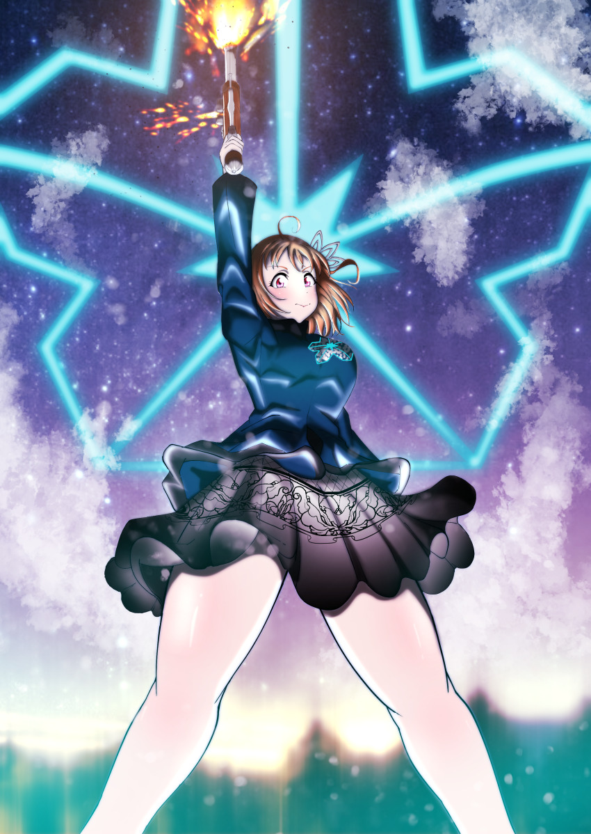 1girl, absurdres, artist_name, artist_request, bare_legs, black_skirt, blue_shirt, blush