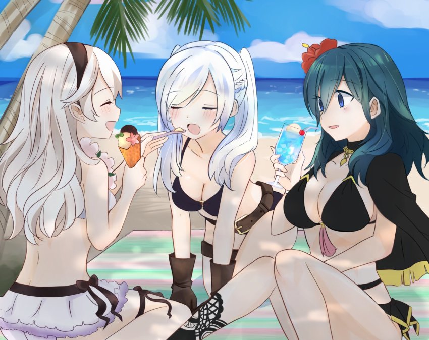 3girls, beach, belt, bikini, black_bikini, black_hairband, blue_eyes, blue_hair, blue_sky, breasts, brown_gloves, cleavage, closed_eyes, cloud, female_corrin_(fire_emblem), female_corrin_(novice_vacationer)_(fire_emblem), cup, day, drinking_straw, feeding, female_byleth_(fire_emblem), female_byleth_(summer)_(fire_emblem), female_robin_(fire_emblem), fire_emblem, fire_emblem:_three_houses, fire_emblem_awakening, fire_emblem_fates, fire_emblem_heroes, flower, glass, gloves, hair_flower, hair_ornament, hairband, highres, holding, holding_cup, holding_spoon, long_hair, multiple_girls, nintendo, o-ring, o-ring_bikini, official_alternate_costume, open_mouth, outdoors, palm_tree, pointy_ears, puni_y_y, sitting, sky, spoon, swimsuit, tree, twintails, water, white_hair, wreath