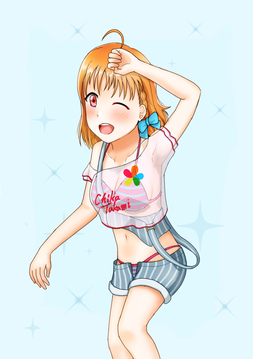 1girl, antenna_hair, aqua_bow, artist_name, artist_request, bare_legs, bare_shoulders, bikini