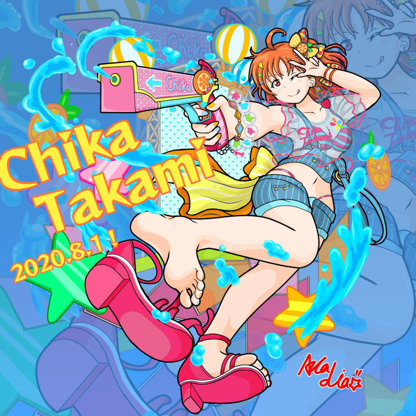 1girl, :p, absurdres, antenna_hair, arcadia_gwsns, artist_name, artist_request, bare_legs, bare_shoulders, barefoot, bikini, bikini_under_clothes, blue_pants, blue_shorts, blush, bow, bracelet, breasts, cleavage, collarbone, earrings, feet, female_focus, food-themed_hair_ornament, full_body, hair_bow, hair_ornament, hairclip, halterneck, high_heels, highres, holding, holding_water_gun, jewelry, looking_at_viewer, love_live!, love_live!_school_idol_festival, love_live!_school_idol_festival_all_stars, love_live!_sunshine!!, medium_breasts, medium_hair, multicolored_bikini, nail_polish, off-shoulder_shirt, off_shoulder, one_eye_closed, open_fly, orange_hair, orange_hair_ornament, pants, parted_bangs, parted_lips, pink_footwear, polka_dot, polka_dot_bow, red_eyes, ribbon, see-through_clothes, see-through_skirt, see-through_sleeves, shirt, short_hair, short_sleeves, shorts, skirt, smile, solo, strap_slip, striped_bikini, striped_bow, striped_clothes, striped_pants, striped_shorts, striped_tank_top, suspenders, suspenders_hanging, swimsuit, takami_chika, tank_top, thighlet, tongue, tongue_out, triangle_hair_ornament, two-tone_bikini, vertical-striped_clothes, vertical-striped_shorts, w, water, water_gun, wrist_bow, yellow_bow, yellow_ribbon