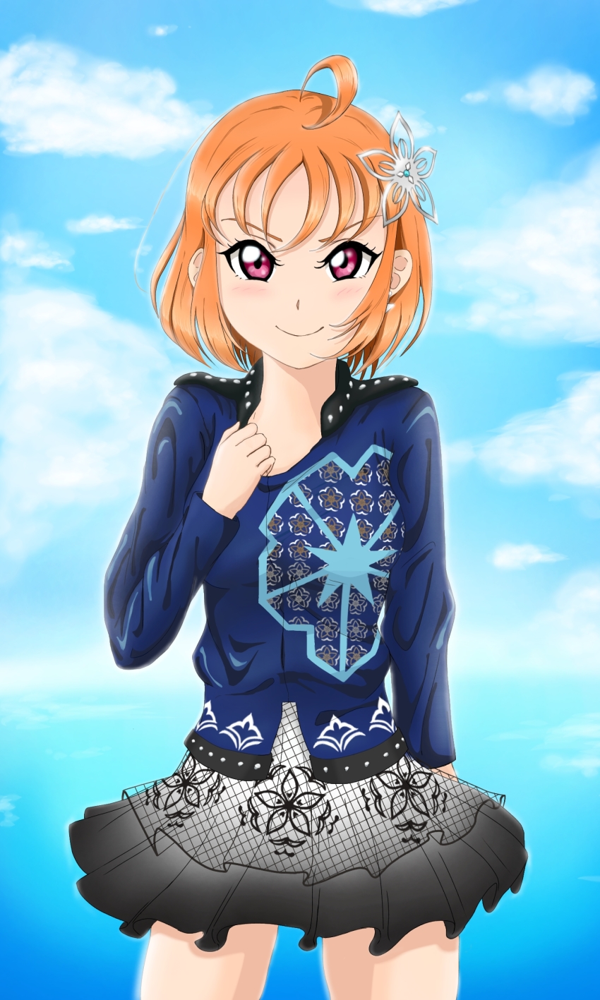 1girl, absurdres, artist_name, artist_request, bare_legs, black_skirt, blue_shirt, blue_sky
