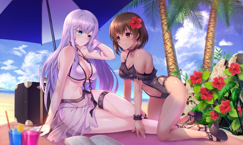 2girls, alexandra_(suzuame_yatsumi), alexandra_viktorovna_dashkova_(tukikagerou), all_fours, arm_support, bare_shoulders, beach, bikini