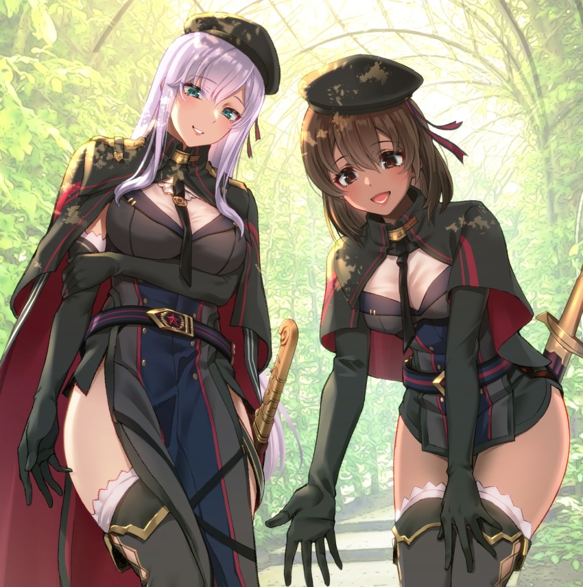 2girls, :d, absurdres, alexandra_(suzuame_yatsumi), alexandra_viktorovna_dashkova_(tukikagerou), arm_across_waist, belt, beret