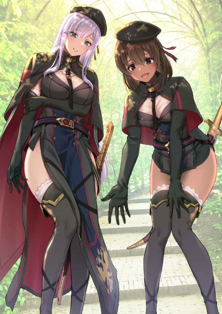 2girls, :d, absurdres, alexandra_(suzuame_yatsumi), alexandra_viktorovna_dashkova_(tukikagerou), arm_across_waist, belt, beret