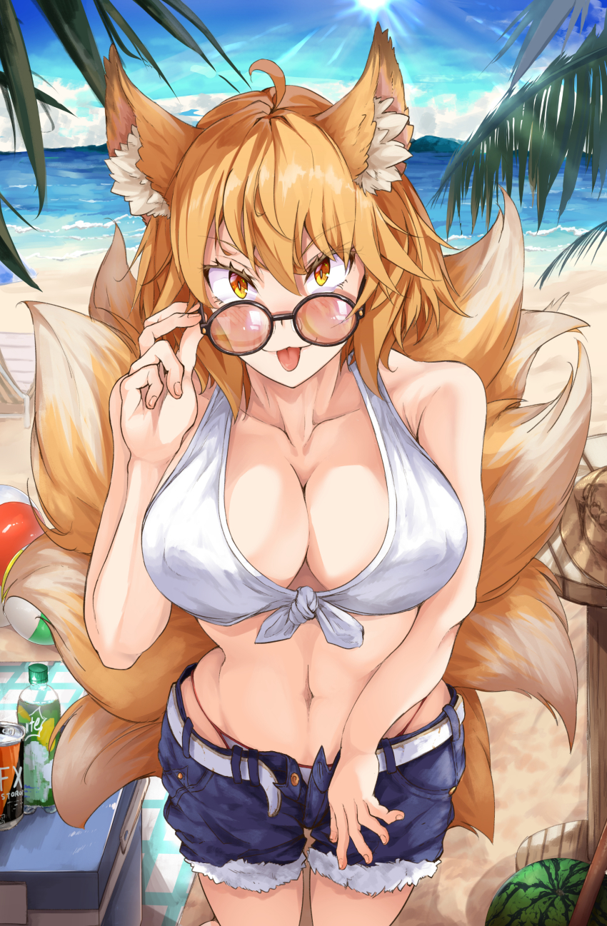 1girl, :p, absurdres, ahoge, animal_ear_fluff, animal_ears, ball, beach, belt, bikini, blonde_hair, blue_shorts, blue_sky, bottle, breasts, buttons, can, closed_mouth, cloud, commentary_request, day, denim, denim_shorts, fox_ears, fox_tail, front-tie_top, glasses, highres, large_breasts, looking_at_viewer, mahimaru, multiple_tails, navel, ocean, open_belt, open_clothes, open_fly, open_shorts, outdoors, sand, short_hair, shorts, sky, slit_pupils, smile, solo, sun, swimsuit, tail, tongue, tongue_out, touhou, unbuckled, unbuttoned, white_bikini, yakumo_ran, yellow_eyes