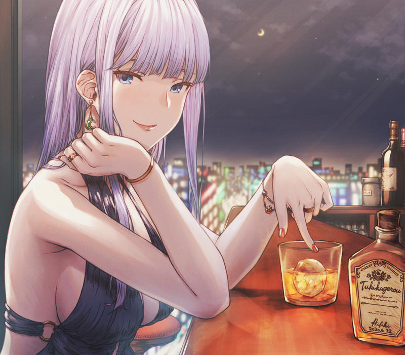 1girl, alcohol, alexandra_(suzuame_yatsumi), alexandra_viktorovna_dashkova_(tukikagerou), bangle, bar_(place), bare_shoulders, blue_dress