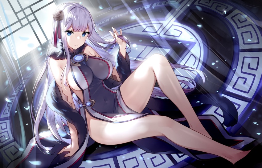 1girl, alexandra_(suzuame_yatsumi), alexandra_viktorovna_dashkova_(tukikagerou), arm_support, bare_shoulders, blue_eyes, breasts, commission