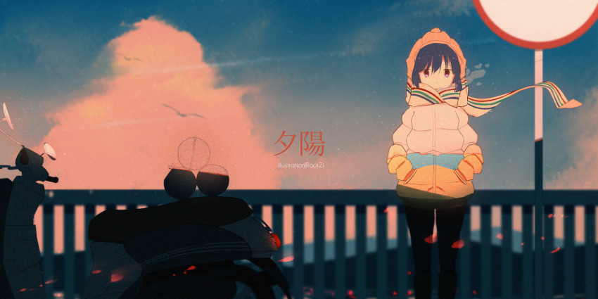 1girl, animal, artist_name, bird, black_pants, blue_hair, cloud, dusk, hafrizalramad, hands_in_pockets, highres, jacket, looking_at_viewer, motor_vehicle, pants, purple_eyes, scarf, scenery, shima_rin, sky, solo, standing, yurucamp