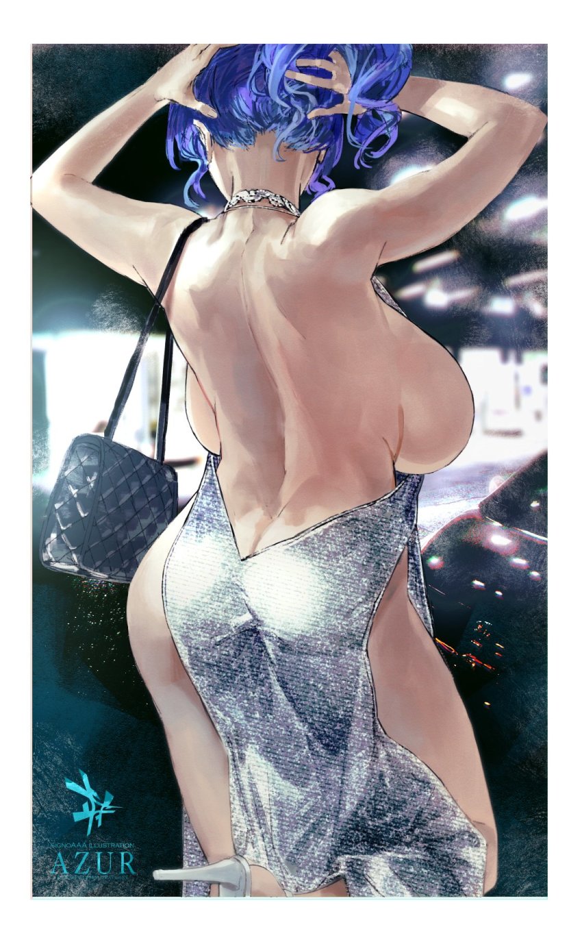 1girl, armpits, arms_behind_head, arms_up, ass, azur_lane, back, backboob, backless_dress, backless_outfit, bag, bare_shoulders, blue_hair, breasts, butt_crack, dimples_of_venus, dress, duplicate, evening_gown, halter_dress, halterneck, handbag, high_heels, highres, jewelry, large_breasts, long_hair, necklace, side_ponytail, sideboob, sidelocks, signo_aaa, silver_dress, solo, st._louis_(azur_lane), st._louis_(luxurious_wheels)_(azur_lane), thighs