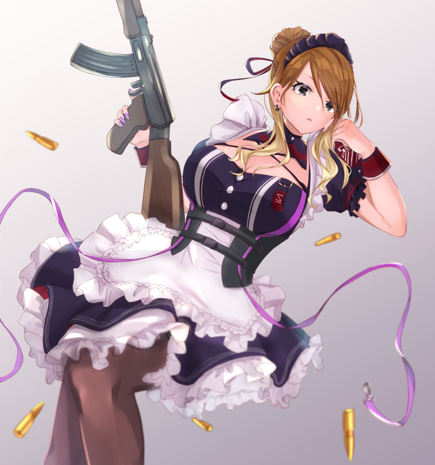 1girl, absurdres, assault_rifle, black_eyes, blonde_hair, braid, braided_bun, breasts