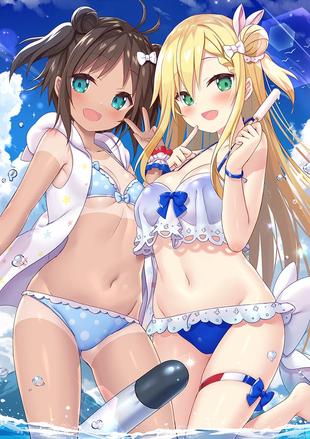 2girls, aqua_eyes, azur_lane, blonde_hair, blush, bow, breasts, brown_hair