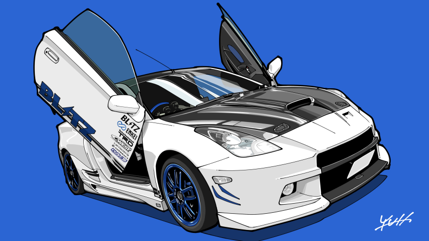 absurdres, bad_id, bad_pixiv_id, blue_background, car, english_text, highres, motor_vehicle