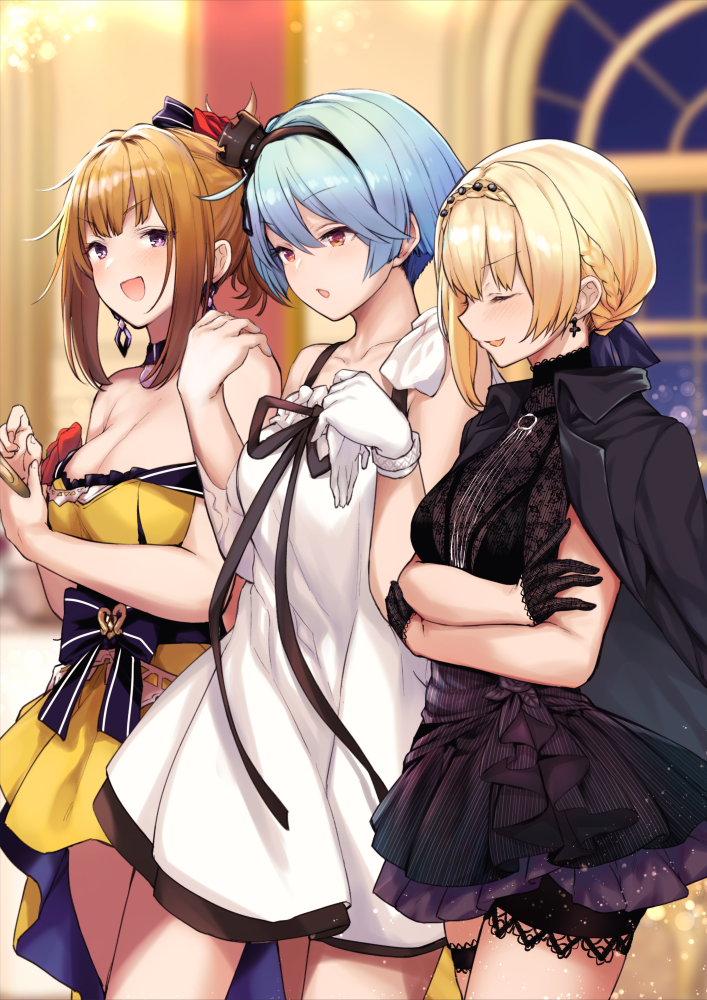 3girls, alternate_costume, black_dress, black_gloves, blonde_hair, blue_hair, blurry, blurry_background, blush, braid, breasts, brown_hair, closed_mouth, collarbone, crossed_arms, dress, earrings, frilled_thigh_strap, girls'_frontline, gloves, grizzly_mkv_(girls'_frontline), grizzly_mkv_(starry_night_ball)_(girls'_frontline), hair_ornament, hairband, holding, holding_gloves, holding_unworn_clothes, indoors, jewelry, large_breasts, looking_at_viewer, medium_breasts, multiple_girls, nail_polish, off-shoulder_dress, off_shoulder, official_alternate_costume, orange_eyes, purple_eyes, short_hair, single_glove, thigh_strap, tobimura, unworn_gloves, welrod_mkii_(girls'_frontline), welrod_mkii_(nightfall_crisis)_(girls'_frontline), white_dress, white_gloves, yellow_dress, zas_m21_(girls'_frontline), zas_m21_(white_queen)_(girls'_frontline)
