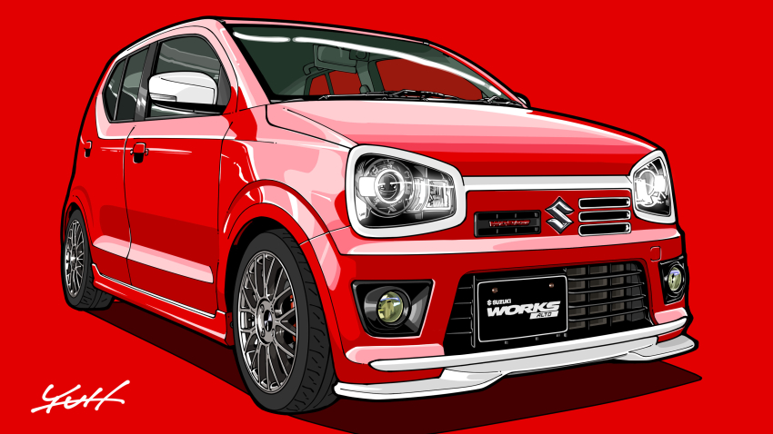 absurdres, bad_id, bad_pixiv_id, car, highres, motor_vehicle, no_humans, original, red_background, signature, solo, suzuki_(company), suzuki_alto, vehicle_focus, yuh_7929